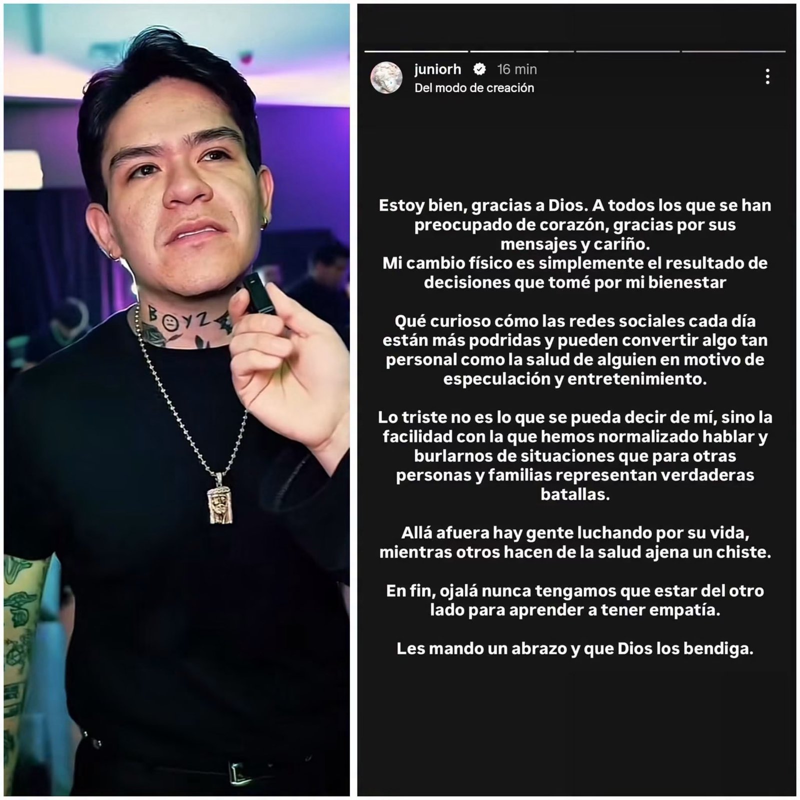 Junior H responde a comentarios sobre su cambio físico y pide respeto a su vida privada