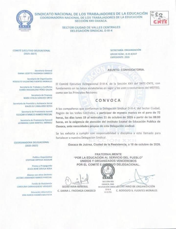 Suspensión de labores programada en Oaxaca